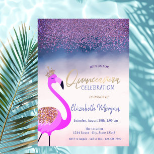 Invitación Diamantes,Flamenco Rosa Ombre Quinceañera