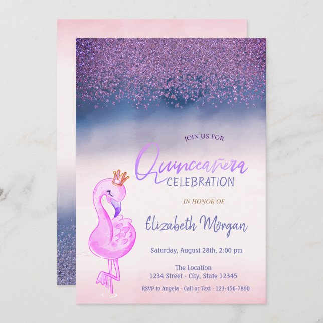 Invitación Diamantes, Flamingo Rosa Corona Ombre Quinceañera (Anverso / Reverso)