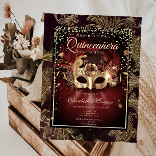 Invitación Diamantes Floral Damasco Mascarada Quinceañera