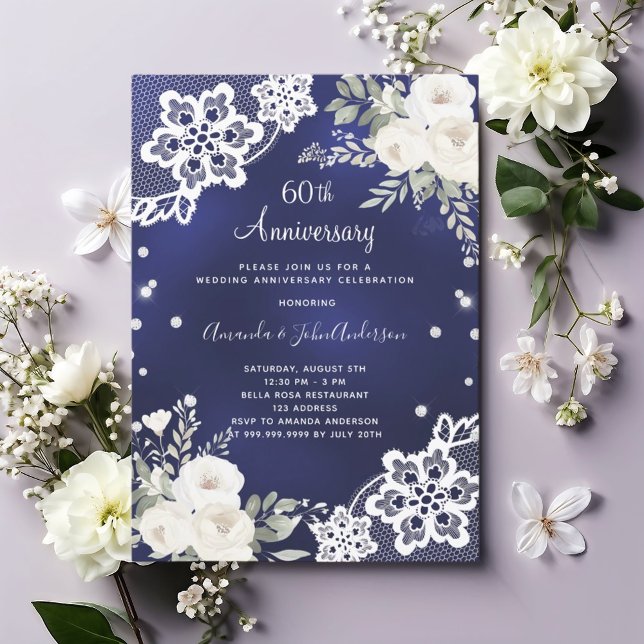 Invitación Diamantes florales azules con 60 años de boda (Subido por el creador)