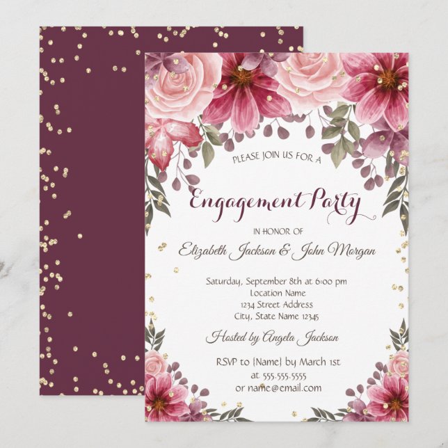 Invitación Diamantes Florales Dorados Burgundy Compromiso (Anverso / Reverso)