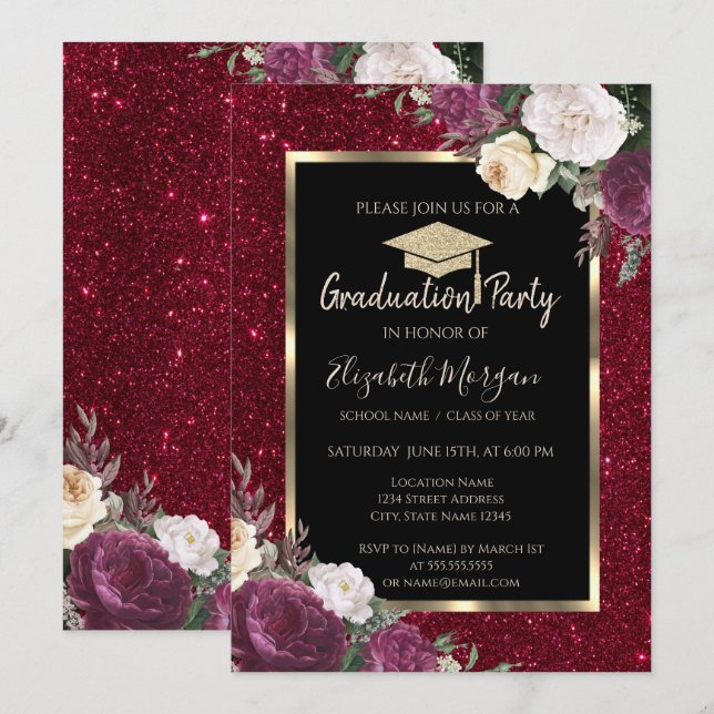 Invitación Diamantes Flores Borgoña Brillo Graduación  (Anverso / Reverso)