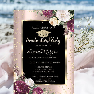 Invitación Diamantes Flores Burdeos Rosa Dorado Graduación