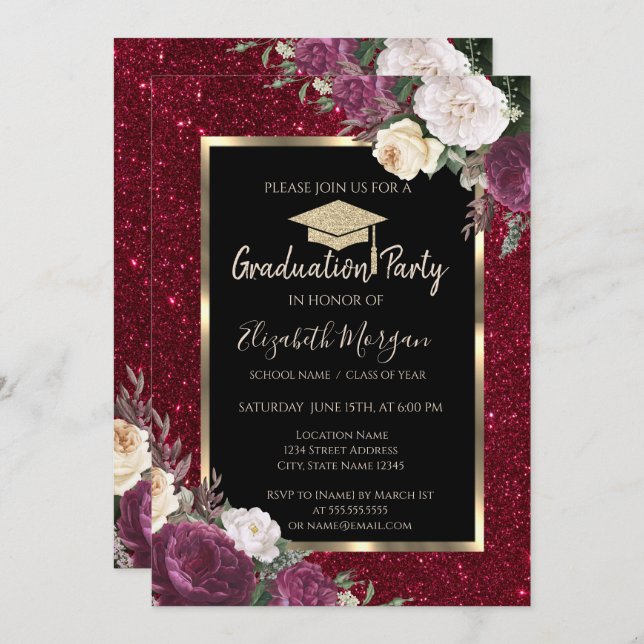 Invitación Diamantes Flores de Borgoña Graduación Purpurina R (Anverso / Reverso)