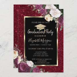 Invitación Diamantes Flores de Borgoña Graduación Purpurina R