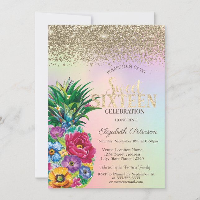 Invitación Diamantes, Flores de Piña Holográficas Cumple Dulc (Anverso)