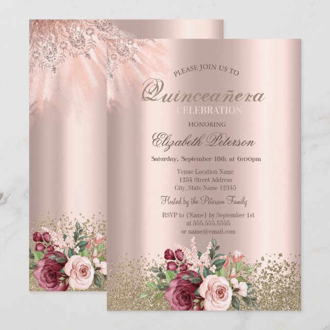 Invitación Diamantes Flores Rosa de Oro Quinceañera (Anverso / Reverso)