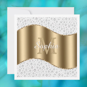 Invitación Diamantes Glam, Monograma de Oro, Nombre en Letra 