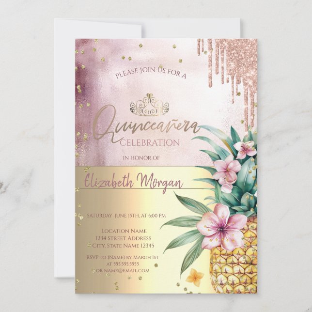 Invitación Diamantes, golosinas Rosas de Purpurina de oro, pi (Anverso)