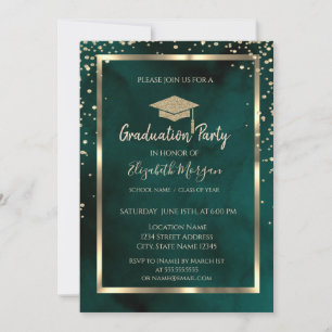 Invitación Diamantes Gorra de Graduación de Oro Verde Esmeral