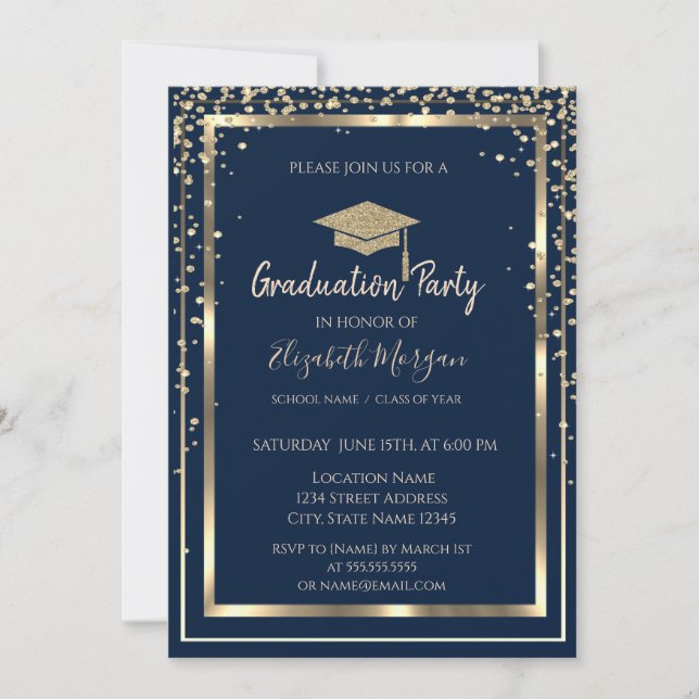 Invitación Diamantes Gorra de Graduación Dorada con Rayas Azu (Anverso)