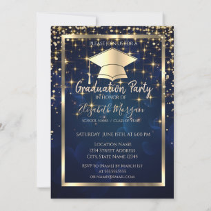 Invitación Diamantes Gorra de Graduación Dorada Estrellas Azu