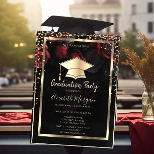 Invitación Diamantes Gorra de Graduación Dorada Rosas Rojas G