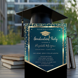 Invitación Diamantes Gorra de Graduación Dorada Verde Graduac