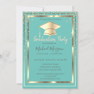 Invitación Diamantes Gorra de Graduación Dorada Verde Mint Gr