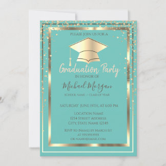 Invitación Diamantes Gorra de Graduación Dorada Verde Mint Gr