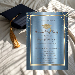 Invitación Diamantes Gorra Graduación Oro Azul Metálico Gradu