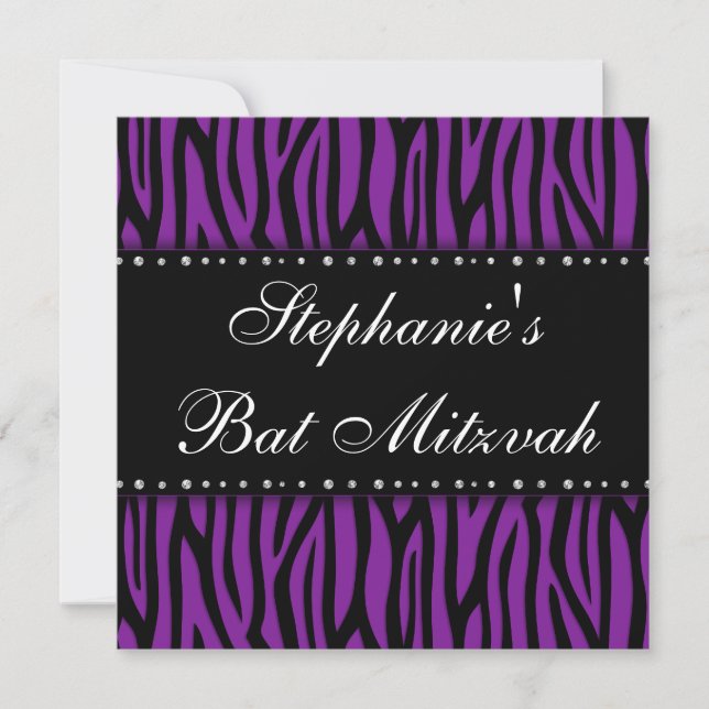 Invitación Diamantes impresos de cebra morada en bat Mitzvah (Anverso)