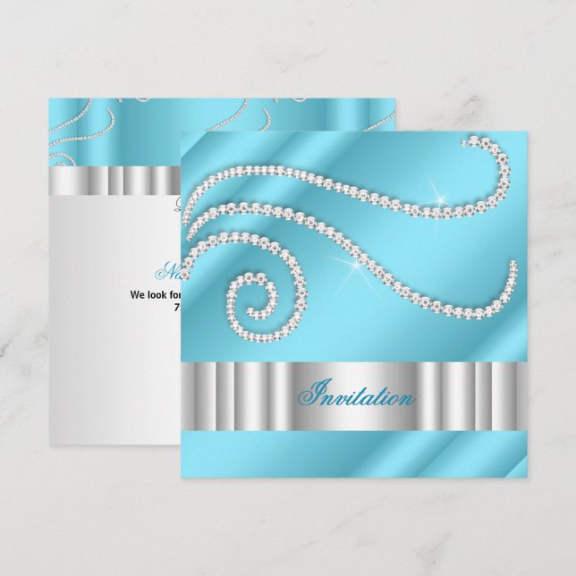 Invitación Diamantes Joyas Azul Blanco Fiesta de Cumpleaños d (Anverso / Reverso)