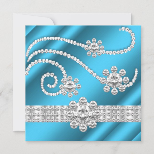Invitación Diamantes Joyas Azules Elegantes Fiesta de Cumplea (Anverso)