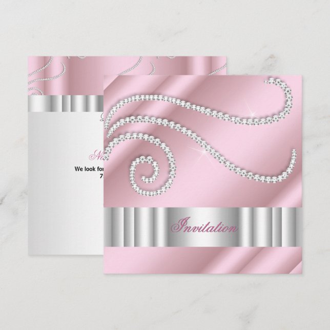 Invitación Diamantes Joyas Blancas Rosadas Fiesta de Cumpleañ (Anverso / Reverso)