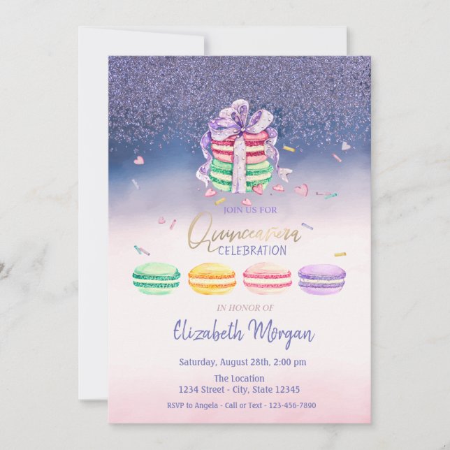 Invitación Diamantes, Macarons Franceses Ombre Fiesta de Quin (Anverso)