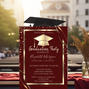 Invitación Diamantes Marco de Oro Gorra de Graduación Roja Gr