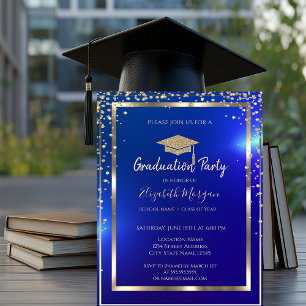 Invitación Diamantes Marco Dorado Gorra de Graduación Azul Gr