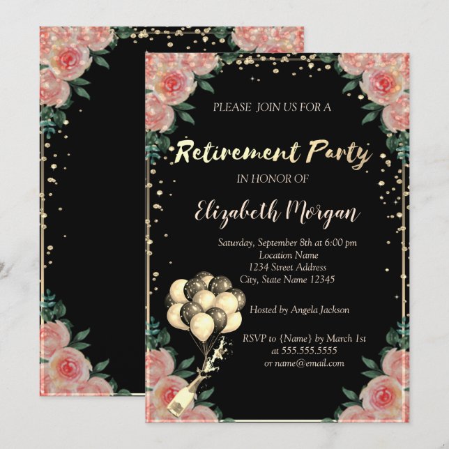 Invitación Diamantes Marco, Globos, Fiesta de Jubilación Flor (Anverso / Reverso)