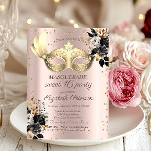 Invitación Diamantes Masque Rosas Negras Rosa Dorada Sweet 16