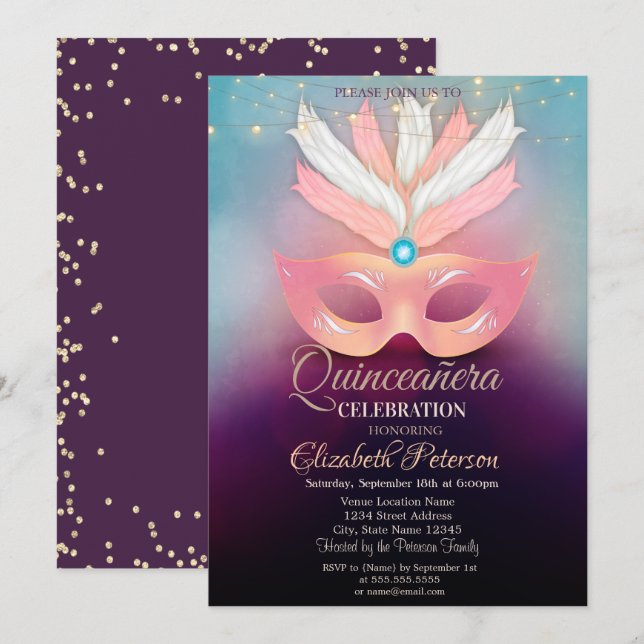 Invitación Diamantes, mezquina, luces, quinceañera mascarada (Anverso / Reverso)