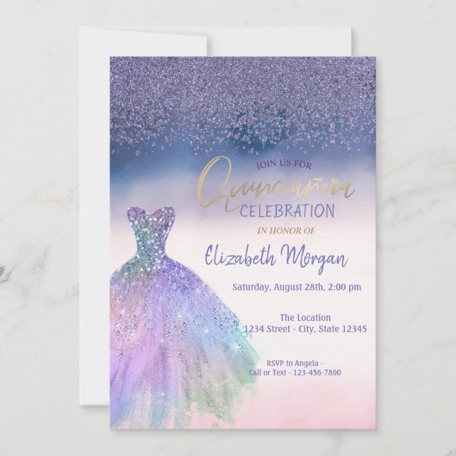 Invitación Diamantes, Moda Vestido Ombre Quinceañera Fiesta (Anverso)