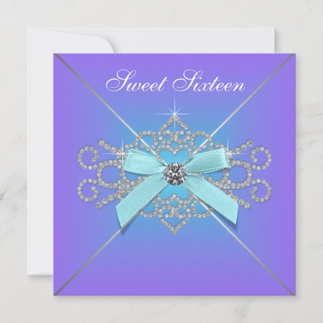 Invitación Diamantes Morados y Azul Turquesa Cumpleaños Dulce (Anverso)