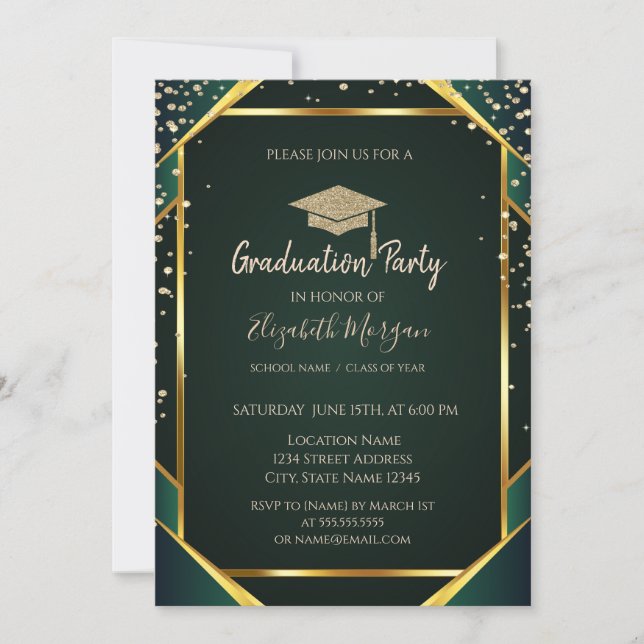 Invitación Diamantes Oro Gorra de Graduación Rayada Verde Gra (Anverso)