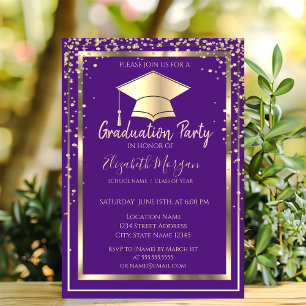 Invitación Diamantes Oro Gorra de Graduación Violeta Graduaci