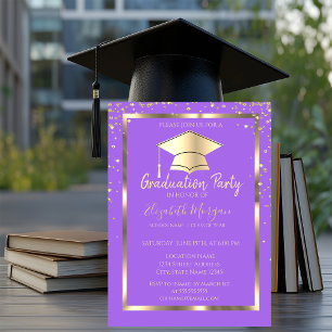 Invitación Diamantes Oro Gorra de Graduación Violeta Graduaci