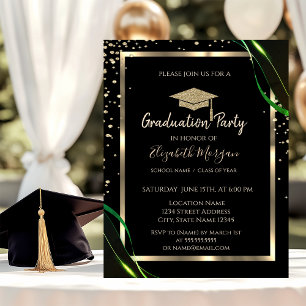 Invitación Diamantes Oro Gorra Graduación Verde Negro