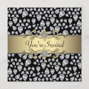 Invitación Diamantes Oro Negro Fiesta de Todas las Ocasiones