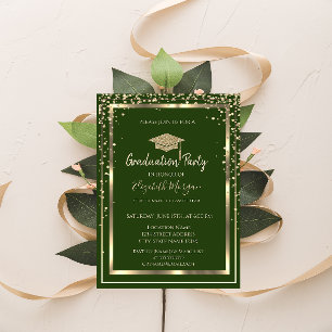 Invitación Diamantes Oro Toca de Graduación Verde Graduación