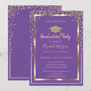 Invitación Diamantes Oro Toca de Graduación Violeta Graduació