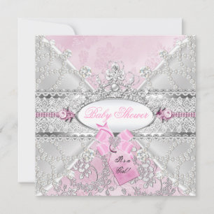Invitación Diamantes para Baby Shower con Lazo Floral Platead