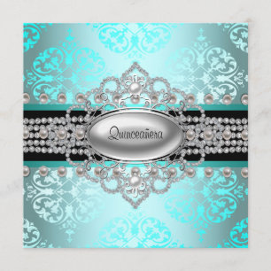 Invitación Diamantes Perlas Azul Turquesa Quinceanera