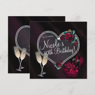 Invitación Diamantes Perlas Corazón Oscuro Tacones Cumpleaños