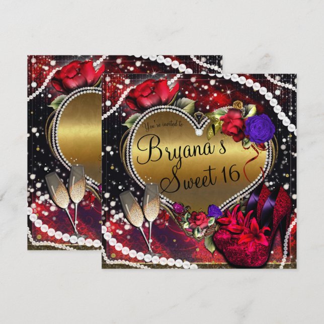 Invitación Diamantes Perlas Corazón Tacones Alto Dulces 16 (Anverso / Reverso)