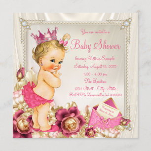 Invitación Diamantes Perlas Satén Rosa Princesa Baby Shower