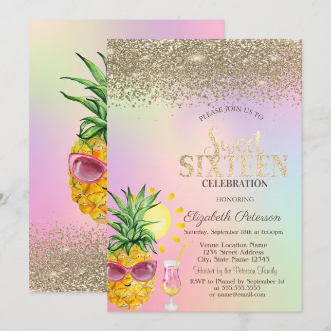 Invitación Diamantes,Piña,Cóctel Holográfico Dulces 16 (Anverso / Reverso)