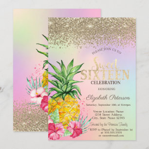 Invitación Diamantes, Piña Hibisco Holográfico Cumpleaños Dul