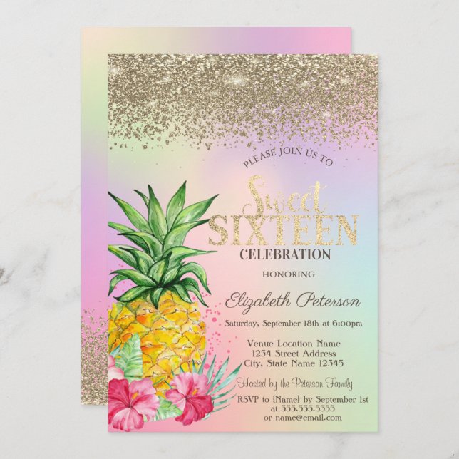Invitación Diamantes, piña Hibiscus Holographic Sweet 16 (Anverso / Reverso)