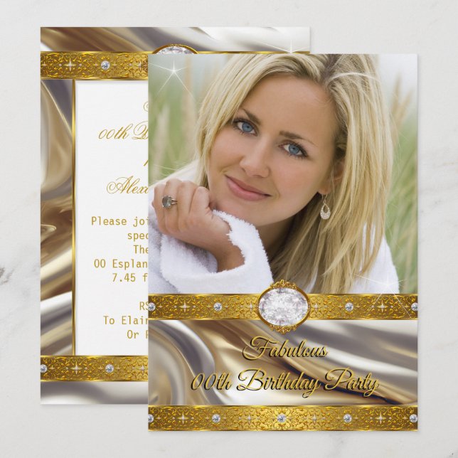 Invitación Diamantes Plata Oro Foto Cumpleaños Fabuloso (Anverso / Reverso)