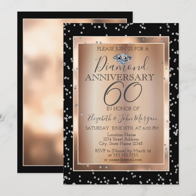 Invitación Diamantes Plateados, Bodas de Oro Rosa (Anverso / Reverso)